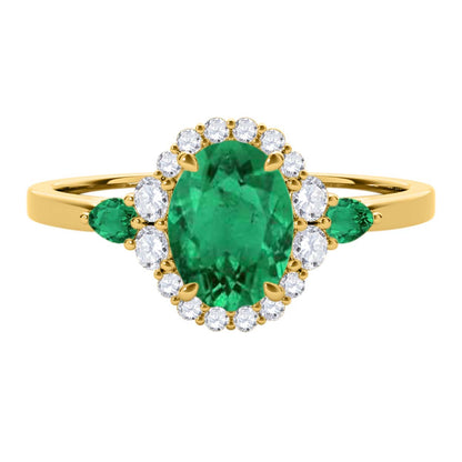 1.1 Carat Diamond & Emerald Ring - Prong Set Oval/Pear Shape in 10K Rose, White, or Yellow Gold