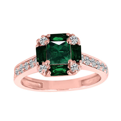 1.5 Carat Prong Set Natural Diamond & Baguette/Princess Cut Shape Emerald Gemstone Ring In 14K Rose White & Yellow Gold