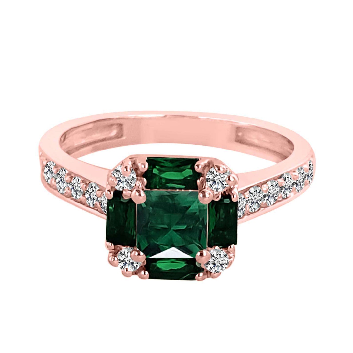 1.50 Carat Prong Set Natural Diamond & Baguette/Princess Cut Emerald Gemstone Ring in 14K Rose, White, and Yellow Gold Mauli Jewels