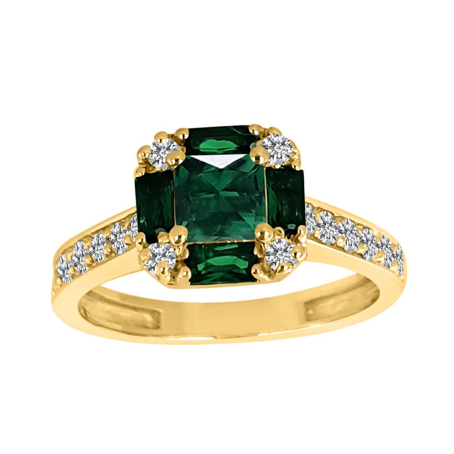 1.50 Carat Prong Set Natural Diamond & Baguette/Princess Cut Emerald Gemstone Ring in 14K Rose, White, and Yellow Gold Mauli Jewels