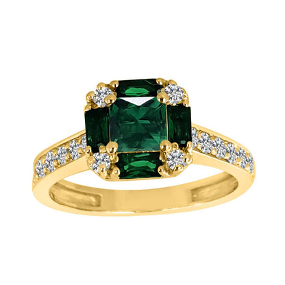 1.5 Carat Prong Set Natural Diamond & Baguette/Princess Cut Shape Emerald Gemstone Ring In 14K Rose White & Yellow Gold