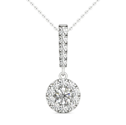 Mauli Jewels 14K White Gold Natural Diamond Halo Pendant Necklace for Women, 0.50 Carat Total Weight, GH Color SI1-SI2 Clarity, Round Diamond Stick Pendant with 18 Inch Gold Chain