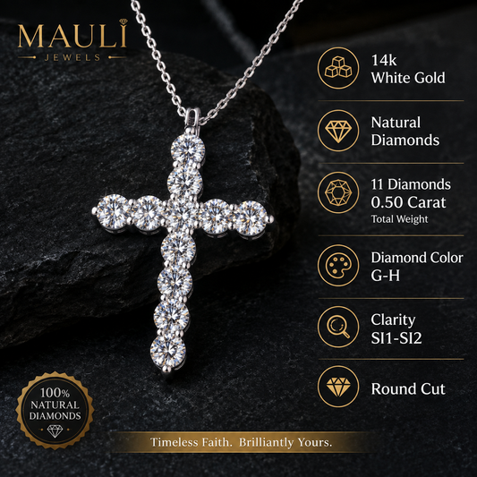 Mauli Jewels 14K Hypoallergenic White Gold Natural Diamond Cross Pendant Necklace for Women, 1/2 Carat Total Weight, GH Color SI1-SI2 Clarity, 11 Round Diamond Cross Pendant