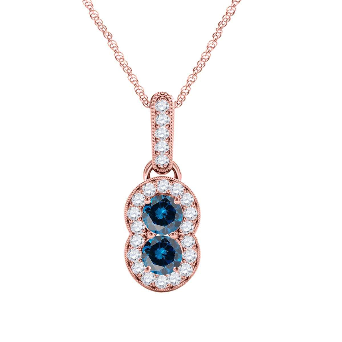 0.50 Carat Blue Diamond Two Stone Pendant Necklace for Women In 14K Rose White & Yellow Gold With 18" Box Chain