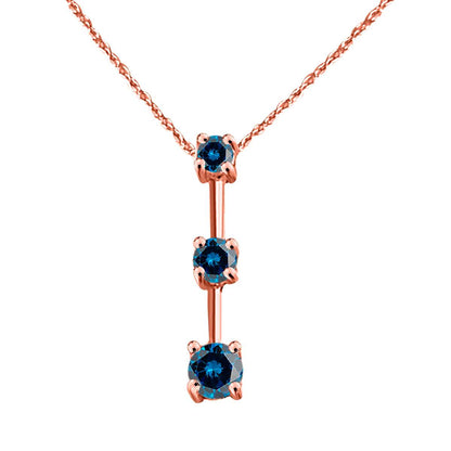 1.00 Carat Three Stone Blue Diamond Drop Pendant In 14K Rose, White And Yellow Gold With 18'' Chain Box Chain