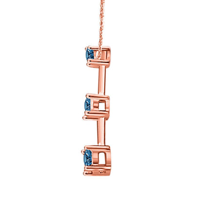 1.00 Carat Three Stone Blue Diamond Drop Pendant In 14K Rose, White And Yellow Gold With 18'' Chain Box Chain