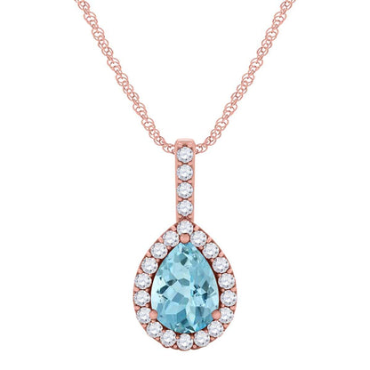 1.45 Carat Pear Shape Aquamarine Diamond Gemstone Pendant Necklace In 10K White & Yellow Gold