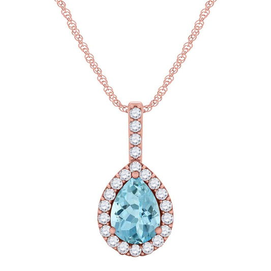 1.45 Carat Pear Shape Aquamarine Diamond Gemstone Pendant Necklace In 10K White & Yellow Gold