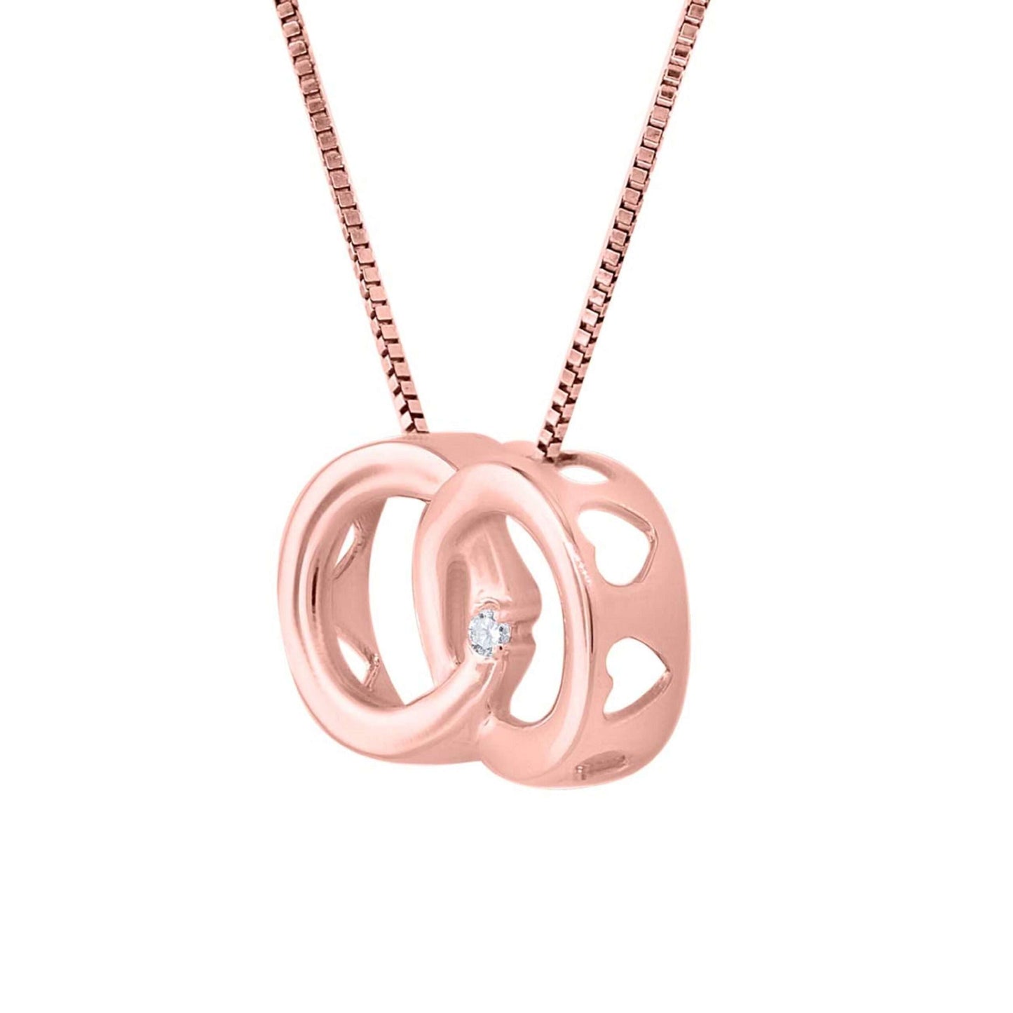 0.01 Carat Double Circle Interlocking Loop Pendant Necklace In 10K Rose White Yellow Gold With 18" Box Chain