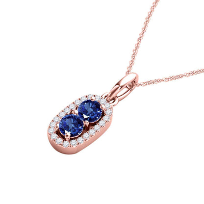 1.15 Carat Beautiful Two Stone Sapphire Diamond Pendant Necklace For Women 14K White, Rose & Yellow Gold With 18'' Chain