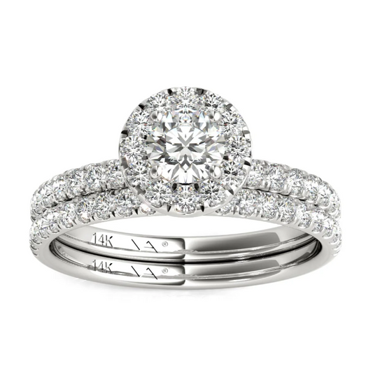 Mauli Jewels 1.00 CTW Halo Bridal Ring Set for Women in 14K White Gold, I-J Color I1-I2 Clarity, Round Diamond Engagement Ring and Matching Band, Size 7