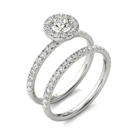 Mauli Jewels 1.00 CTW Halo Bridal Ring Set for Women in 14K White Gold, I-J Color I1-I2 Clarity, Round Diamond Engagement Ring and Matching Band, Size 7