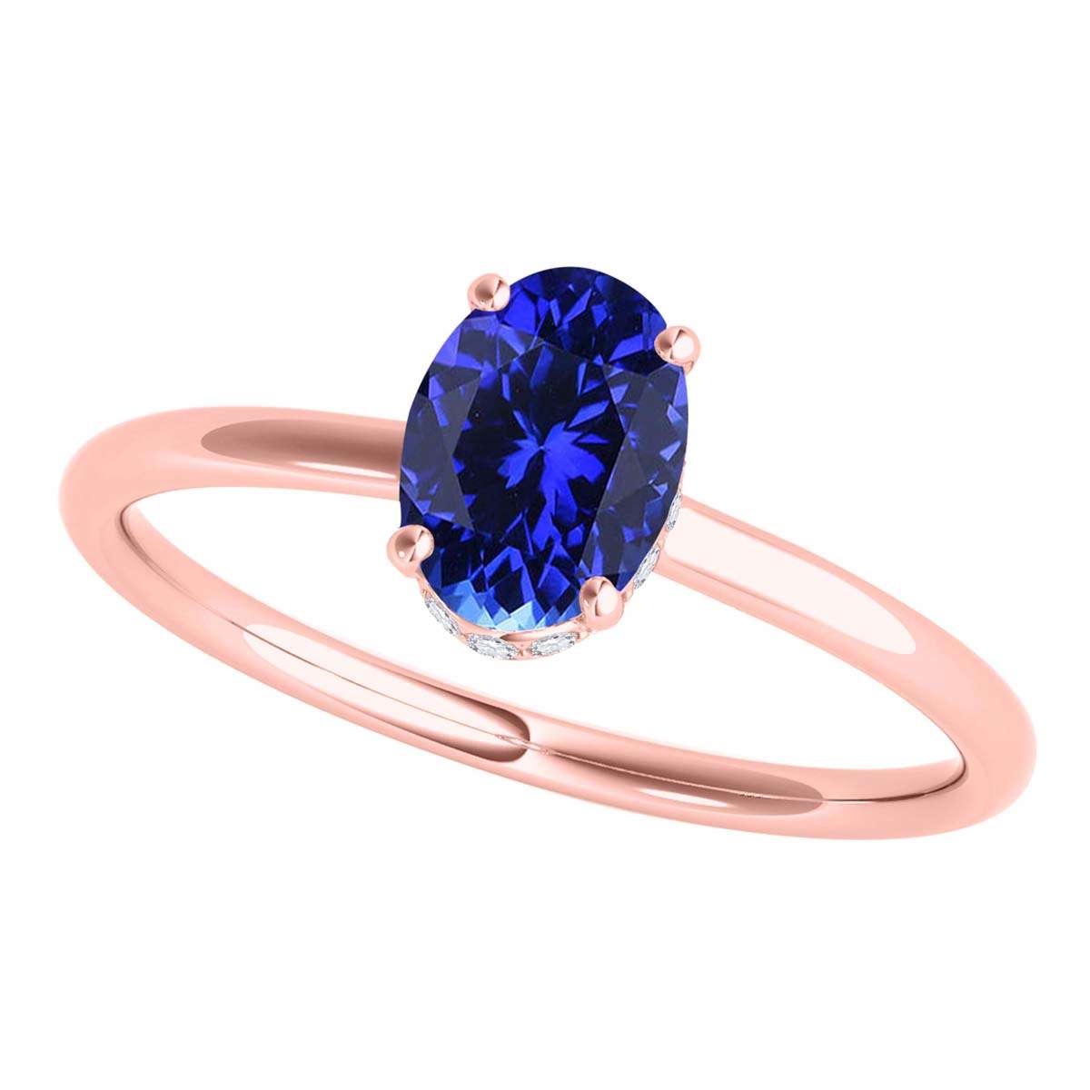 1.0 Carat 7x5mm Lab Created Tanzanite & Natural Diamond Gemstone Ring In 14K White Rose Yellow Gold