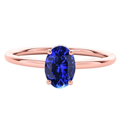 1.0 Carat 7x5mm Lab Created Tanzanite & Natural Diamond Gemstone Ring In 14K White Rose Yellow Gold