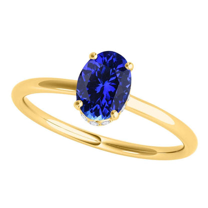 1.0 Carat 7x5mm Lab Created Tanzanite & Natural Diamond Gemstone Ring In 14K White Rose Yellow Gold