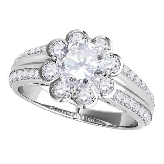 MauliJewels 0.75 Carat Halo Lab Grown Diamond Flower Shaped Engagement Ring, 4-Prong Setting, 10K White or Yellow Gold, Round Diamond Bridal Wedding Ring