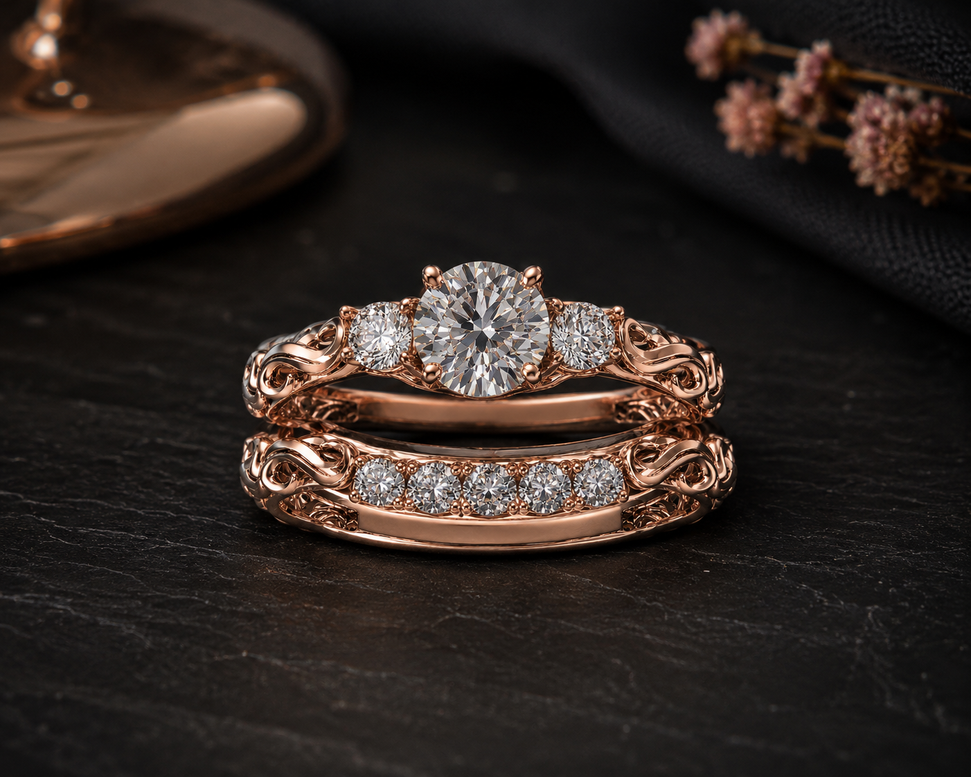 Mauli Jewels Lab Grown Diamond Bridal Set for Women in 10K Rose, White & Yellow Gold, 0.75 CT Round Brilliant Cut Engagement Ring Set, E-F VS1 Diamond Wedding Ring Set - Mauli Jewels