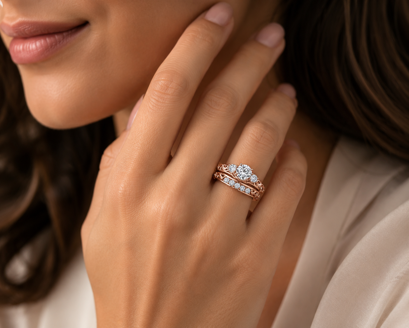 Mauli Jewels Lab Grown Diamond Bridal Set for Women in 10K Rose, White & Yellow Gold, 0.75 CT Round Brilliant Cut Engagement Ring Set, E-F VS1 Diamond Wedding Ring Set - Mauli Jewels