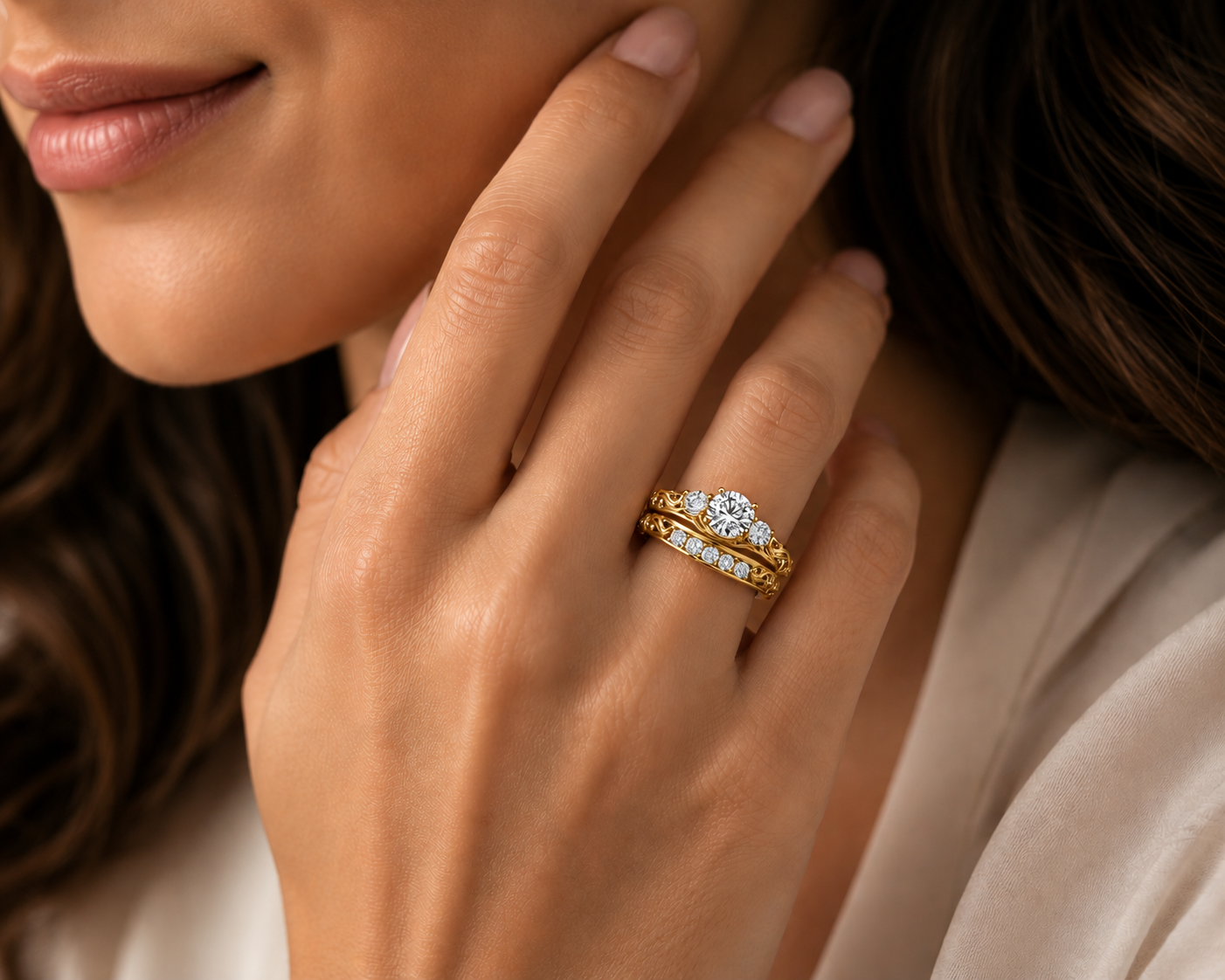 Mauli Jewels Lab Grown Diamond Bridal Set for Women in 10K Rose, White & Yellow Gold, 0.75 CT Round Brilliant Cut Engagement Ring Set, E-F VS1 Diamond Wedding Ring Set - Mauli Jewels