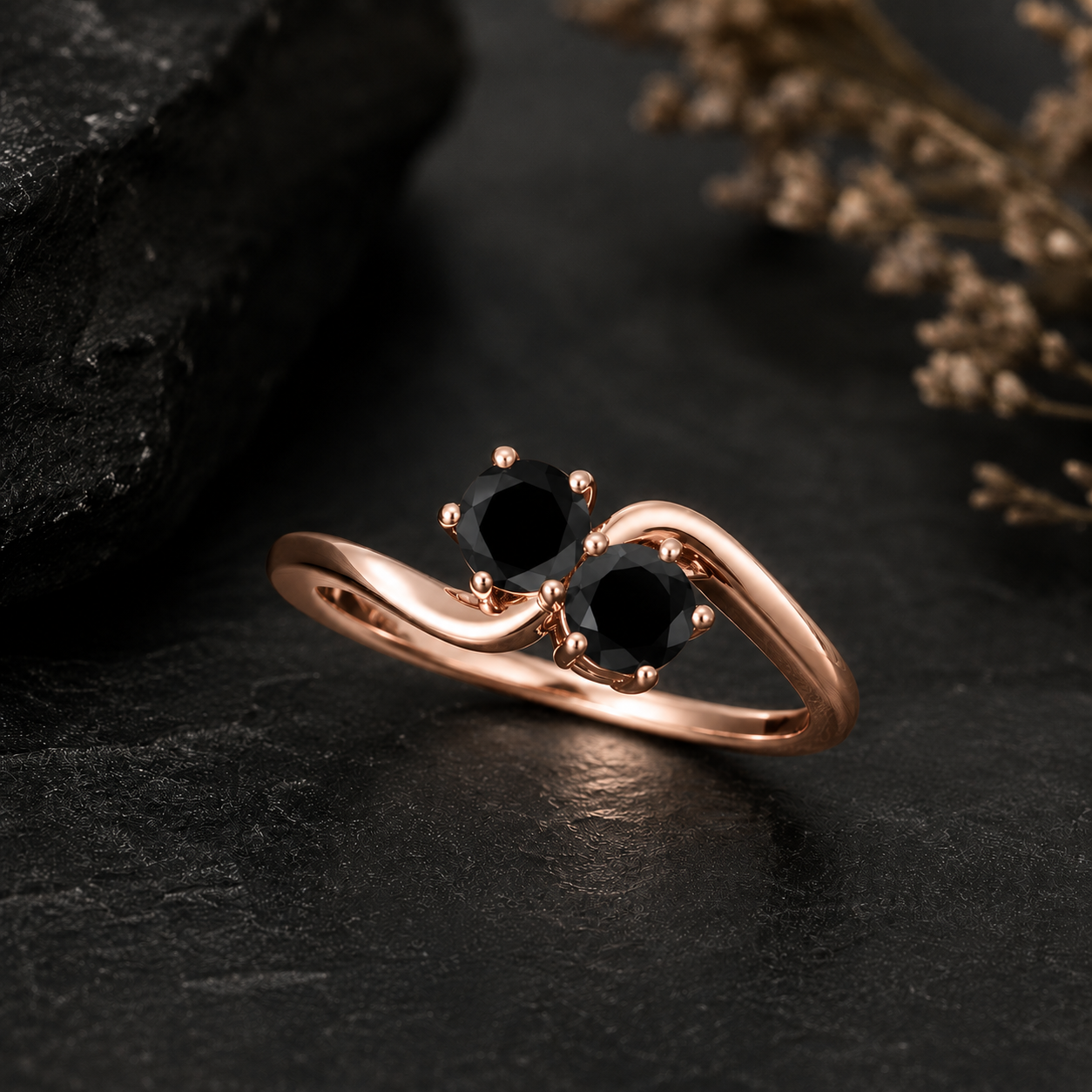 MauliJewels Women's 1 Carat Two Stone Black Diamond Engagement Ring 10K Rose, White and Yellow Gold Prong Setting Round Cut Natural Diamonds - Mauli Jewels