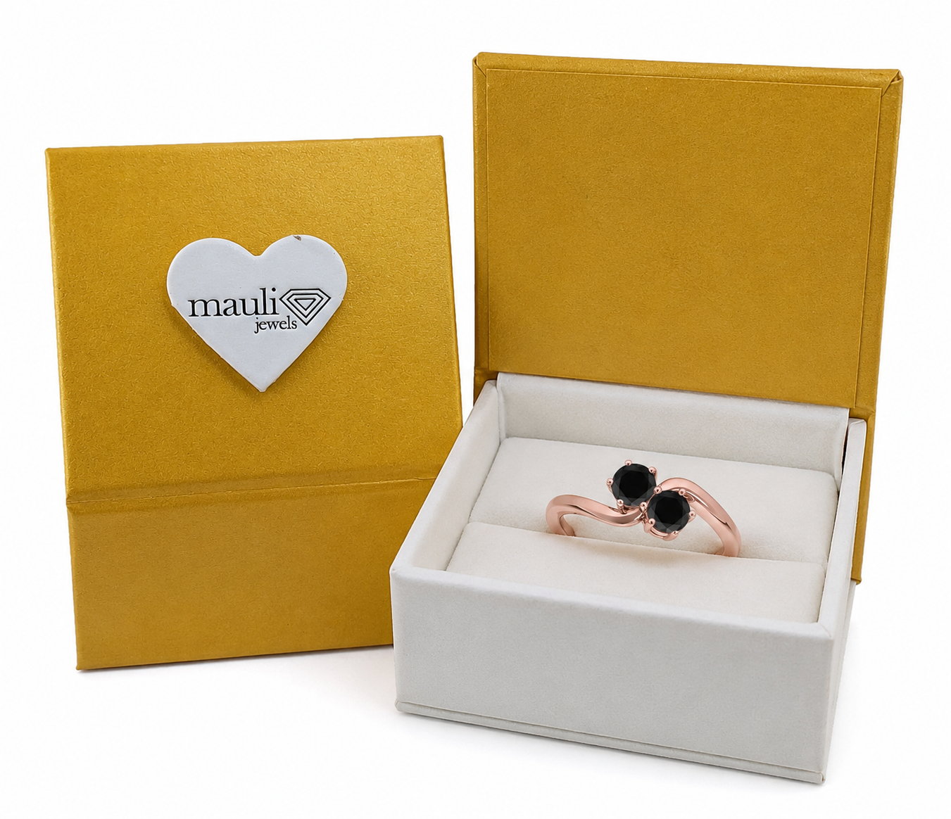 MauliJewels Women's 1 Carat Two Stone Black Diamond Engagement Ring 10K Rose, White and Yellow Gold Prong Setting Round Cut Natural Diamonds - Mauli Jewels