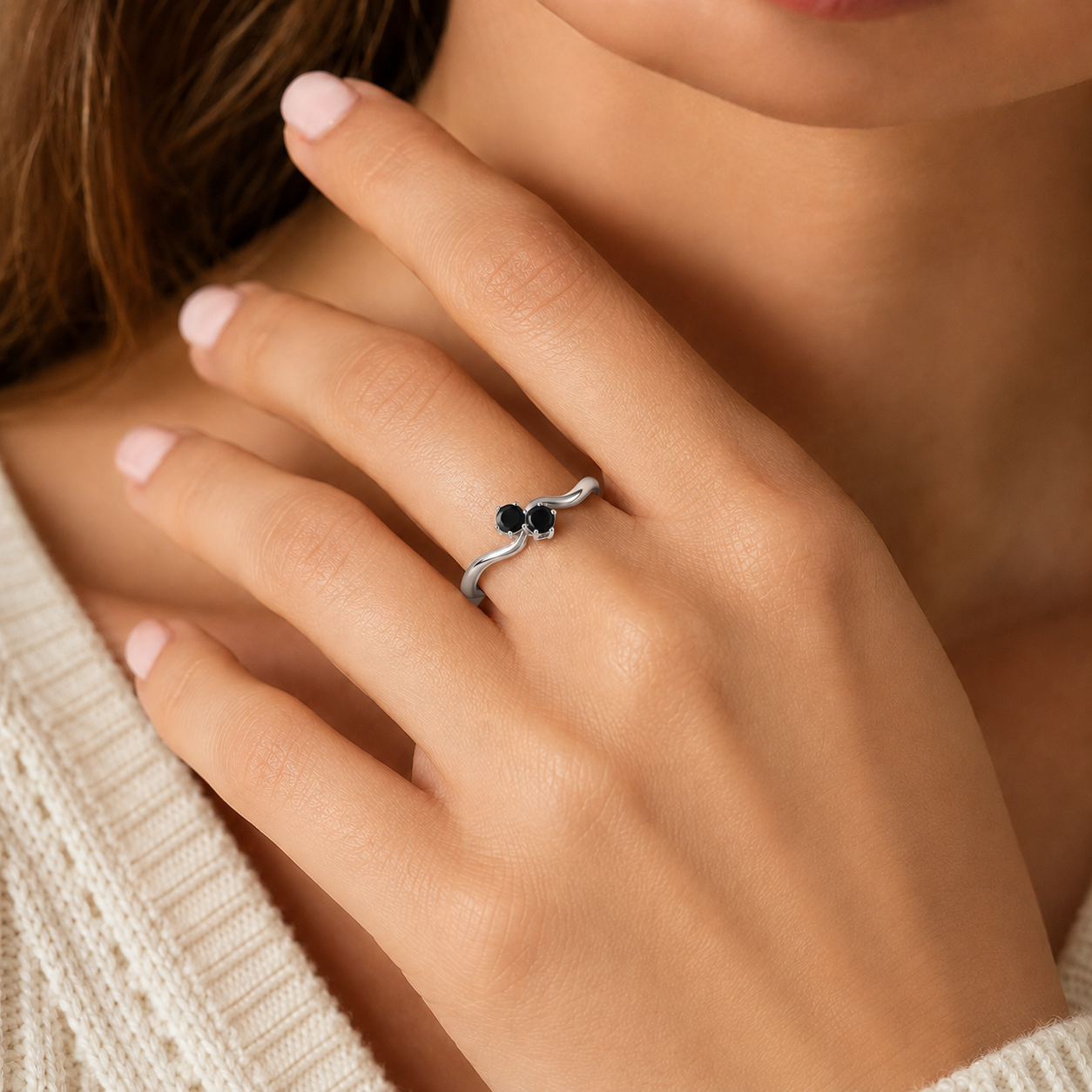 MauliJewels Women's 1 Carat Two Stone Black Diamond Engagement Ring 10K Rose, White and Yellow Gold Prong Setting Round Cut Natural Diamonds - Mauli Jewels
