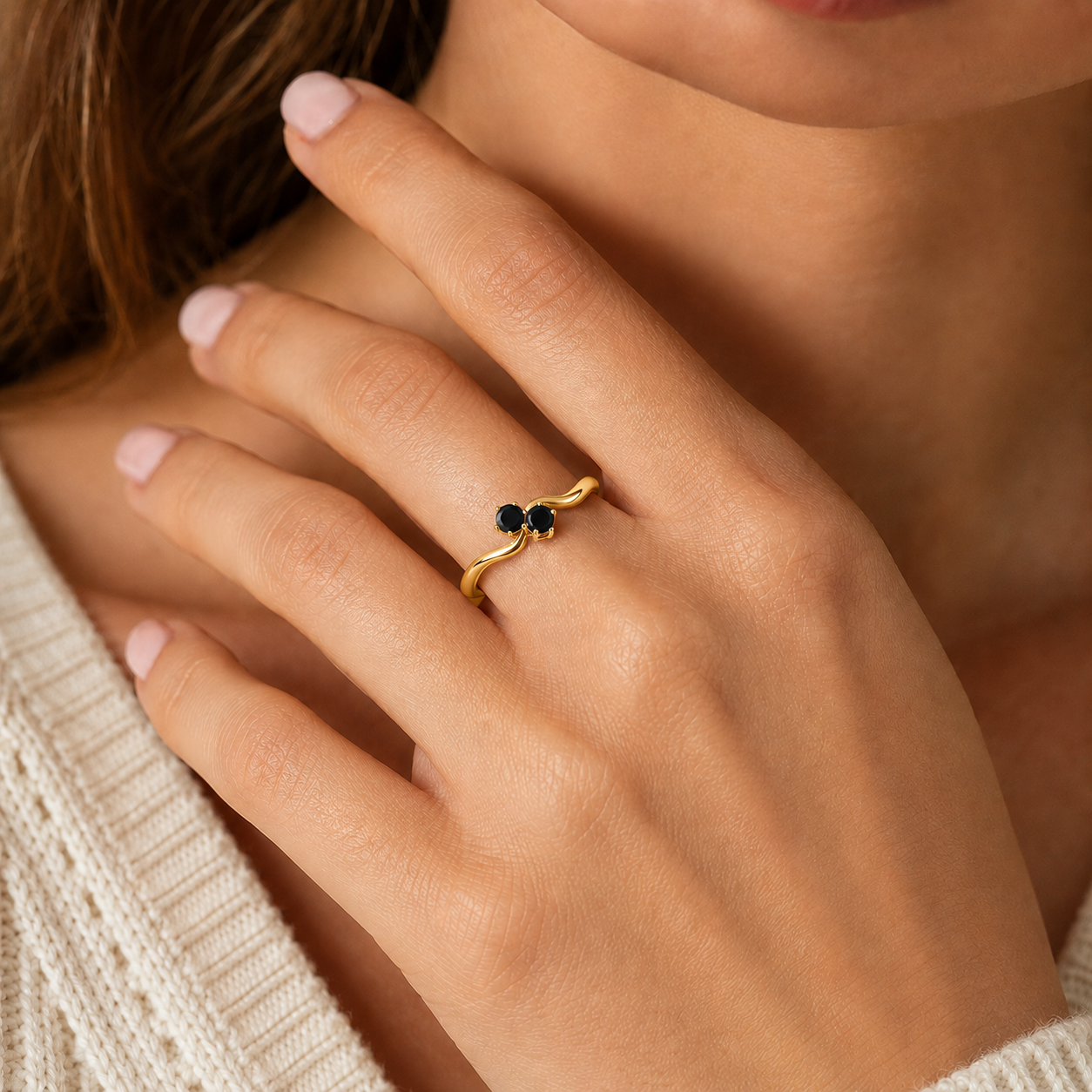 MauliJewels Women's 1 Carat Two Stone Black Diamond Engagement Ring 10K Rose, White and Yellow Gold Prong Setting Round Cut Natural Diamonds - Mauli Jewels