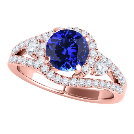 MauliJewels 1.85 Carat Round Cut Halo Lab-Created Tanzanite and Diamond Bridal Ring and Band Set for Women in 14K White, Rose, or Yellow Gold