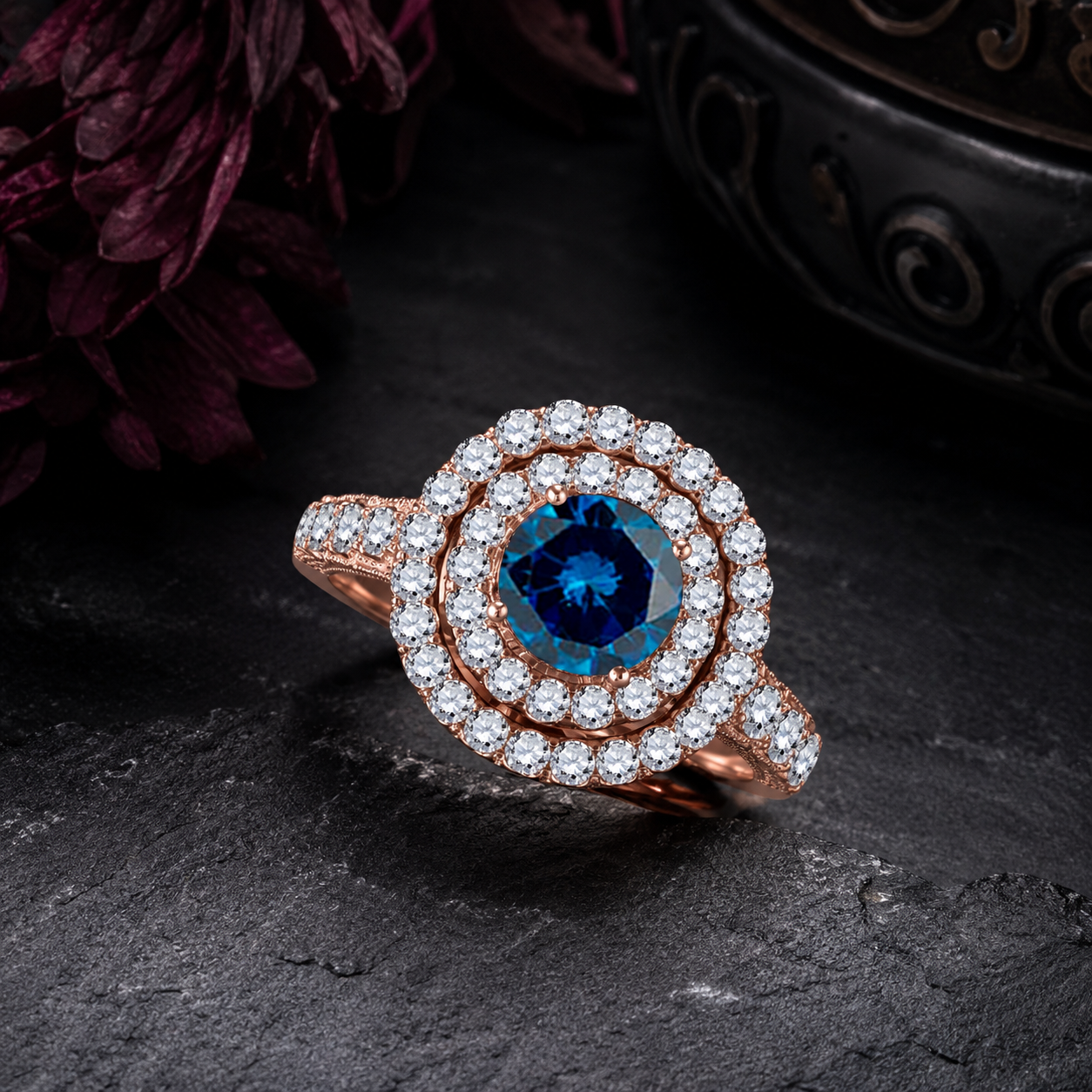 MauliJewels 2 Carat Blue Diamond and White Diamond Bridal Set for Women in 14K Rose, White and Yellow Gold Halo Split Shank Engagement Wedding Ring - Mauli Jewels