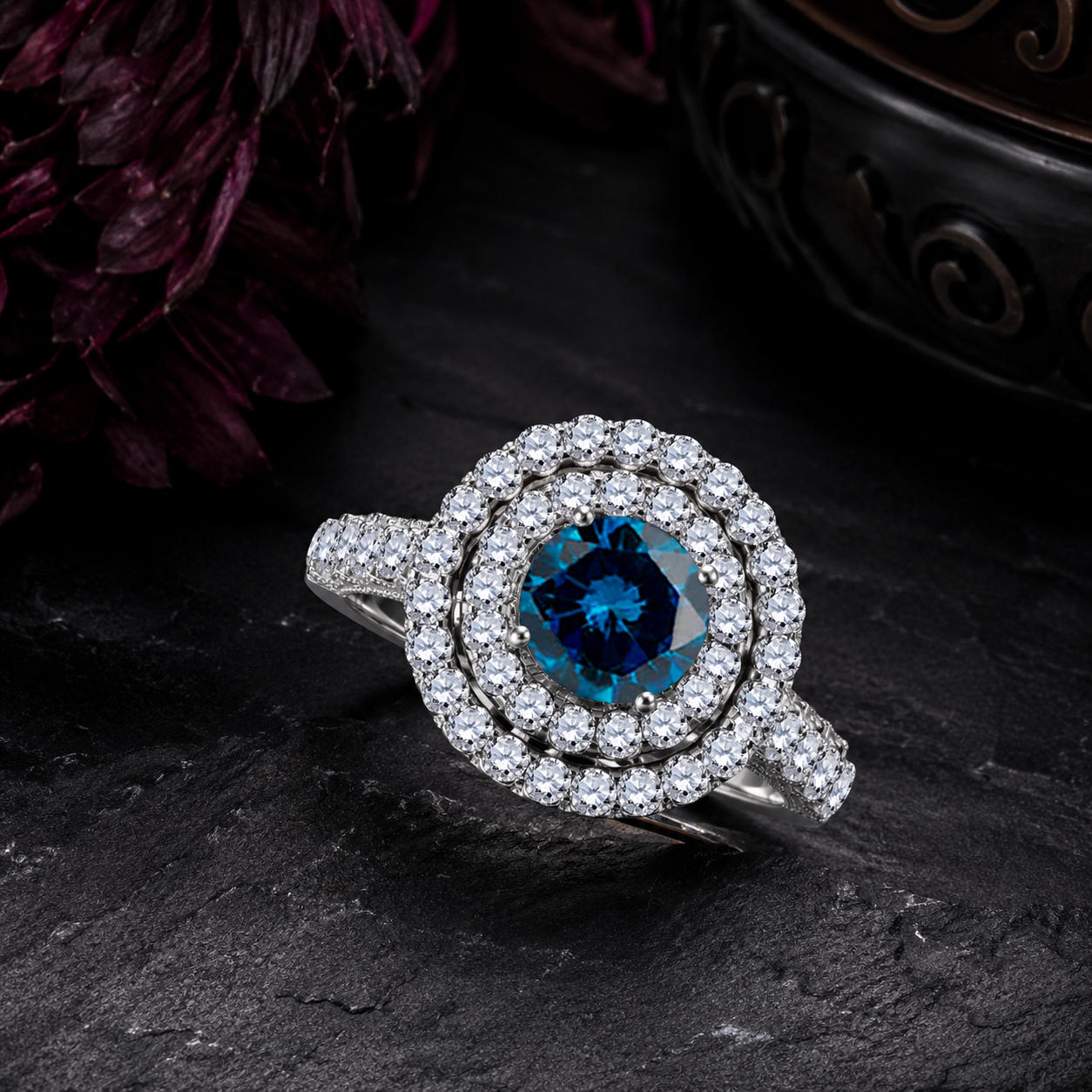 MauliJewels 2 Carat Blue Diamond and White Diamond Bridal Set for Women in 14K Rose, White and Yellow Gold Halo Split Shank Engagement Wedding Ring - Mauli Jewels