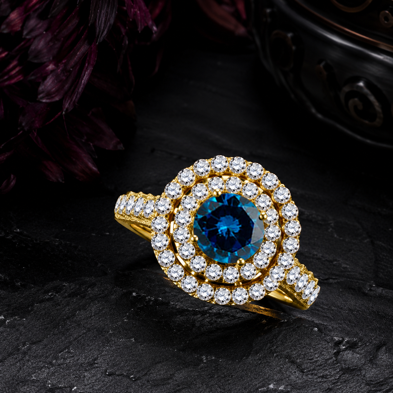 MauliJewels 2 Carat Blue Diamond and White Diamond Bridal Set for Women in 14K Rose, White and Yellow Gold Halo Split Shank Engagement Wedding Ring - Mauli Jewels