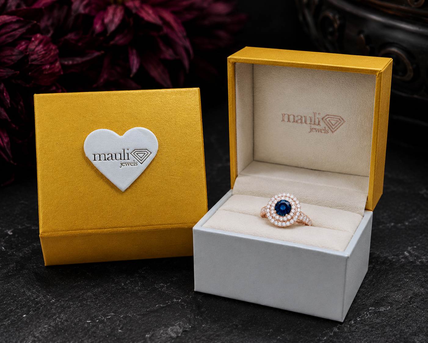 MauliJewels 2 Carat Blue Diamond and White Diamond Bridal Set for Women in 14K Rose, White and Yellow Gold Halo Split Shank Engagement Wedding Ring - Mauli Jewels