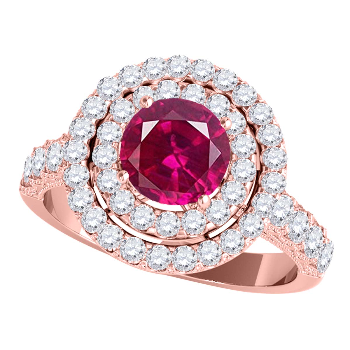 Mauli Jewels Women’s 1.90 Carat Ruby and Diamond Ring in 14K Rose, White and Yellow Gold Round Halo Prong Set Engagement Ring, Bridal Ring - Mauli Jewels