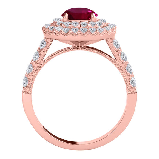 Mauli Jewels Women’s 1.90 Carat Ruby and Diamond Ring in 14K Rose, White and Yellow Gold Round Halo Prong Set Engagement Ring, Bridal Ring - Mauli Jewels