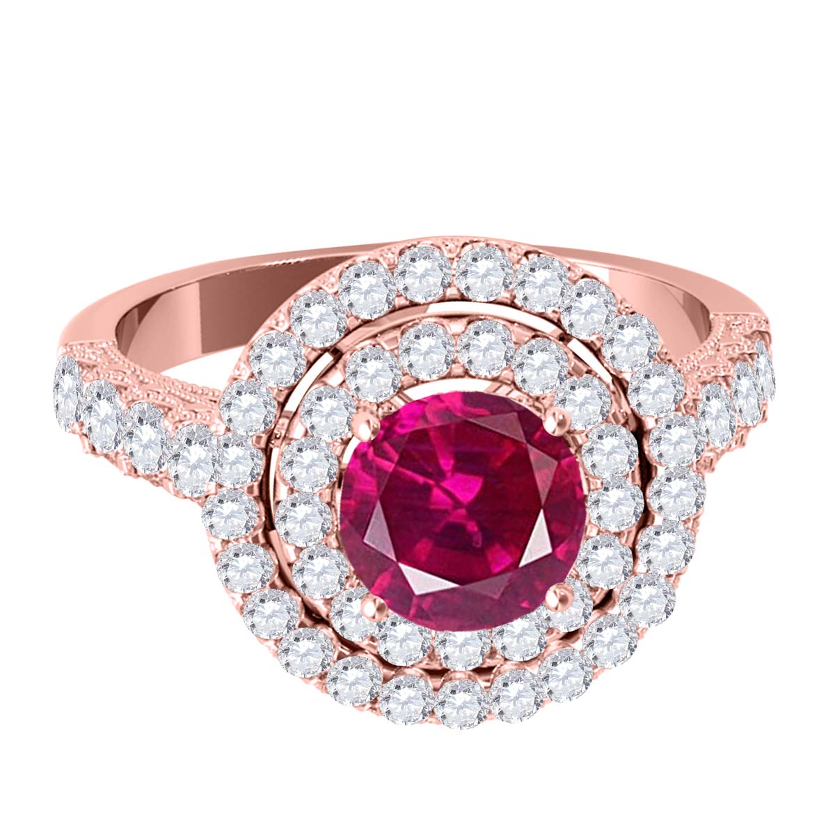 Mauli Jewels Women’s 1.90 Carat Ruby and Diamond Ring in 14K Rose, White and Yellow Gold Round Halo Prong Set Engagement Ring, Bridal Ring - Mauli Jewels