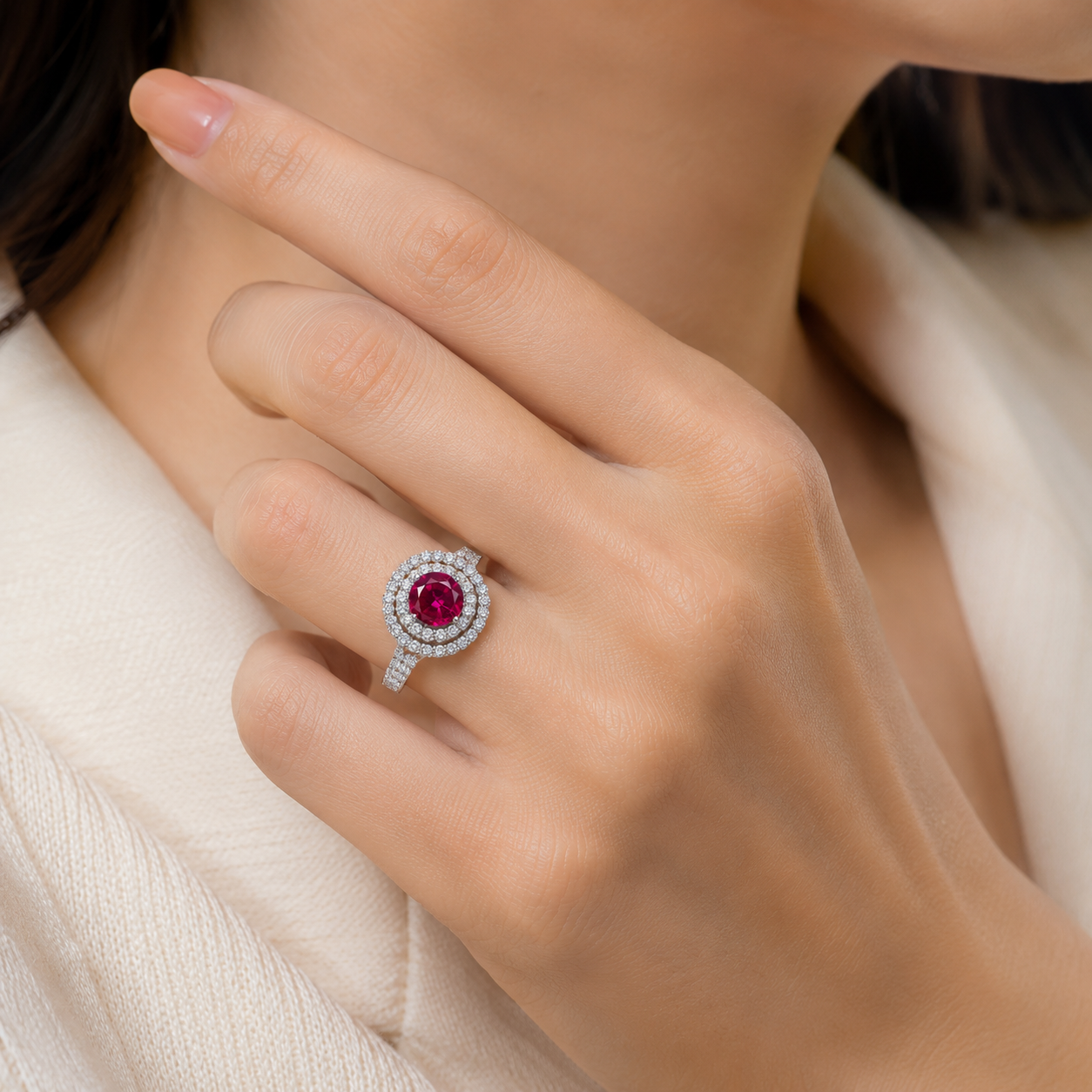 Mauli Jewels Women’s 1.90 Carat Ruby and Diamond Ring in 14K Rose, White and Yellow Gold Round Halo Prong Set Engagement Ring, Bridal Ring - Mauli Jewels