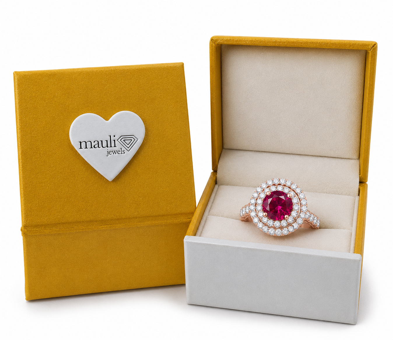 Mauli Jewels Women’s 1.90 Carat Ruby and Diamond Ring in 14K Rose, White and Yellow Gold Round Halo Prong Set Engagement Ring, Bridal Ring - Mauli Jewels