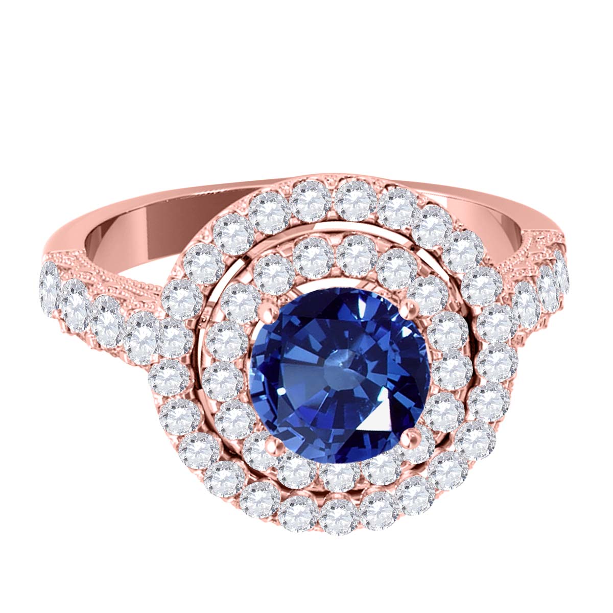 Mauli Jewels Women’s 1.90 Carat Sapphire and Diamond Ring in 14K Rose, White and Yellow Gold Round Halo Prong Set Engagement Ring, Bridal Ring - Mauli Jewels