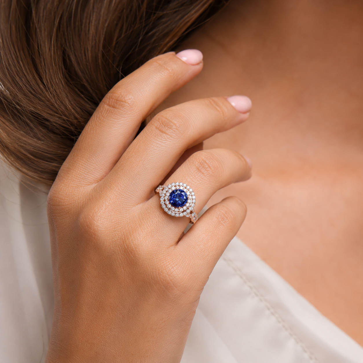 Mauli Jewels Women’s 1.90 Carat Sapphire and Diamond Ring in 14K Rose, White and Yellow Gold Round Halo Prong Set Engagement Ring, Bridal Ring - Mauli Jewels