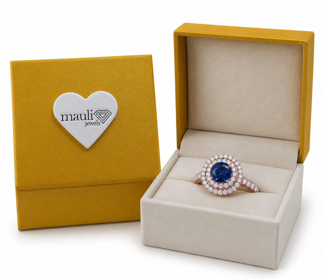 Mauli Jewels Women’s 1.90 Carat Sapphire and Diamond Ring in 14K Rose, White and Yellow Gold Round Halo Prong Set Engagement Ring, Bridal Ring - Mauli Jewels