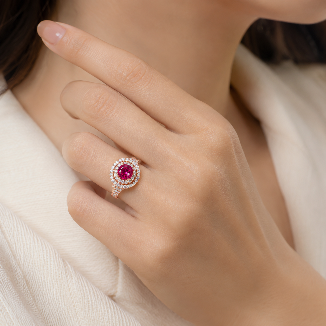 Mauli Jewels Women’s 1.90 Carat Ruby and Diamond Ring in 14K Rose, White and Yellow Gold Round Halo Prong Set Engagement Ring, Bridal Ring - Mauli Jewels