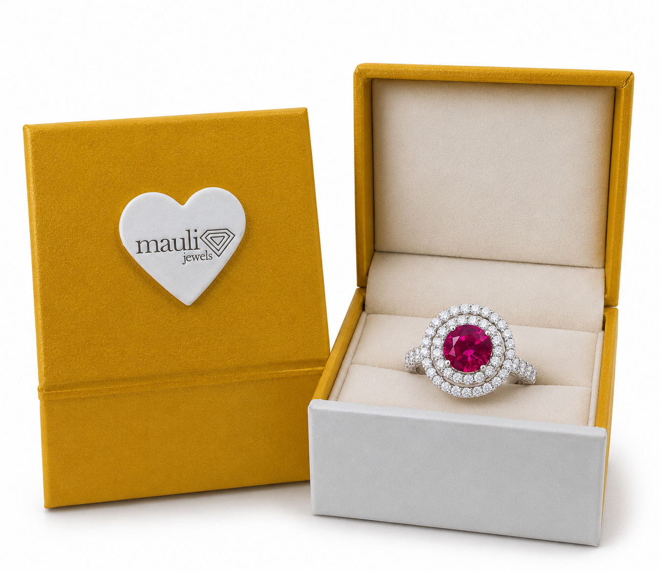 Mauli Jewels Women’s 1.90 Carat Ruby and Diamond Ring in 14K Rose, White and Yellow Gold Round Halo Prong Set Engagement Ring, Bridal Ring - Mauli Jewels