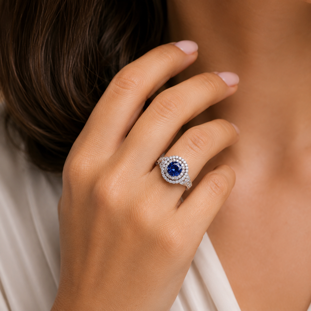 Mauli Jewels Women’s 1.90 Carat Sapphire and Diamond Ring in 14K Rose, White and Yellow Gold Round Halo Prong Set Engagement Ring, Bridal Ring - Mauli Jewels