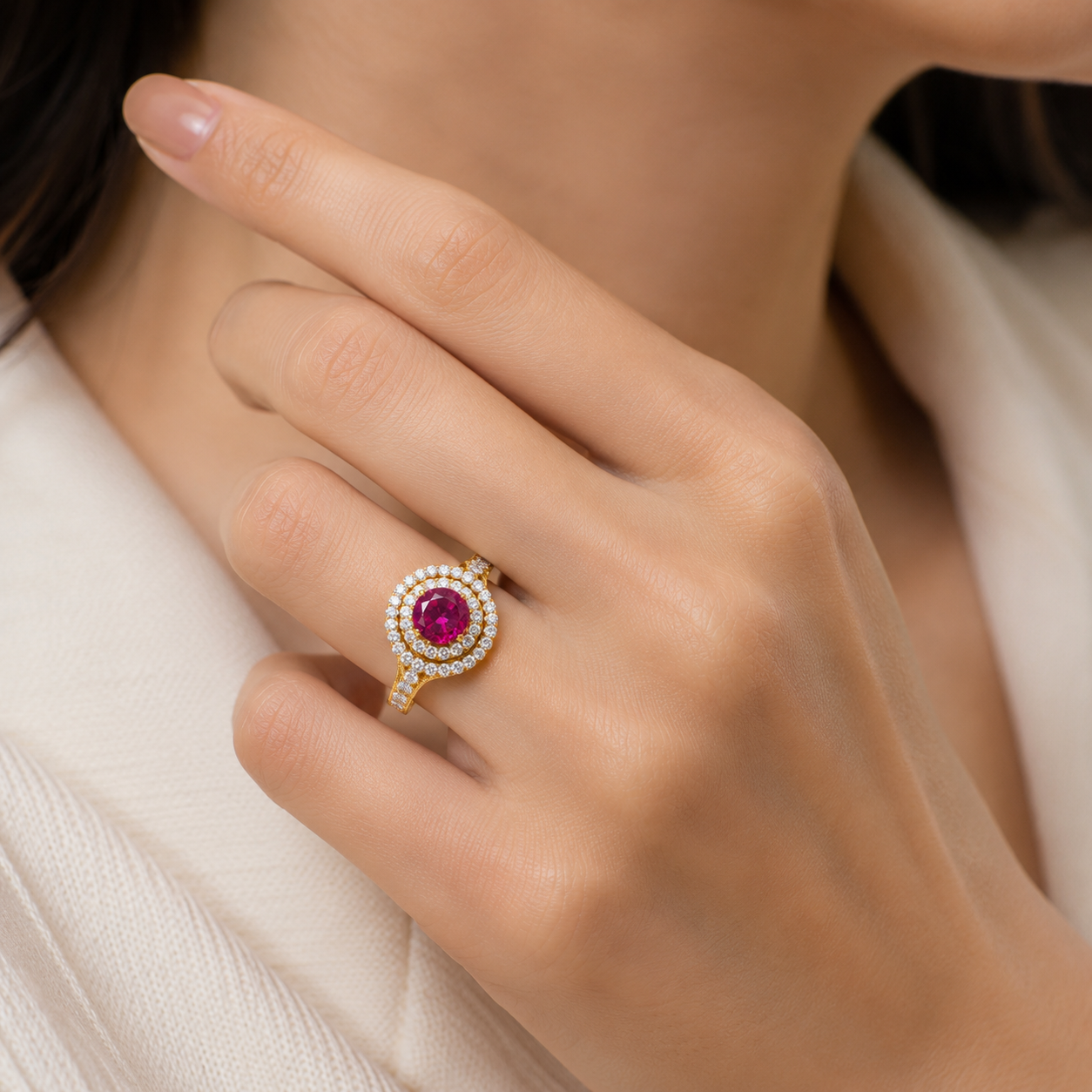 Mauli Jewels Women’s 1.90 Carat Ruby and Diamond Ring in 14K Rose, White and Yellow Gold Round Halo Prong Set Engagement Ring, Bridal Ring - Mauli Jewels