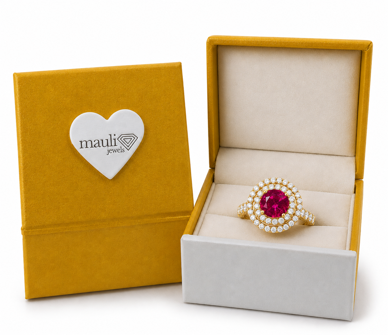 Mauli Jewels Women’s 1.90 Carat Ruby and Diamond Ring in 14K Rose, White and Yellow Gold Round Halo Prong Set Engagement Ring, Bridal Ring - Mauli Jewels
