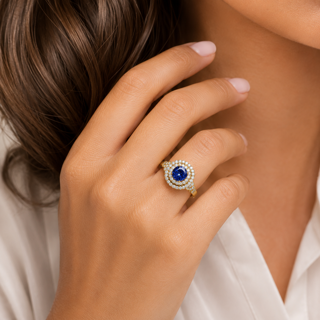 Mauli Jewels Women’s 1.90 Carat Sapphire and Diamond Ring in 14K Rose, White and Yellow Gold Round Halo Prong Set Engagement Ring, Bridal Ring - Mauli Jewels