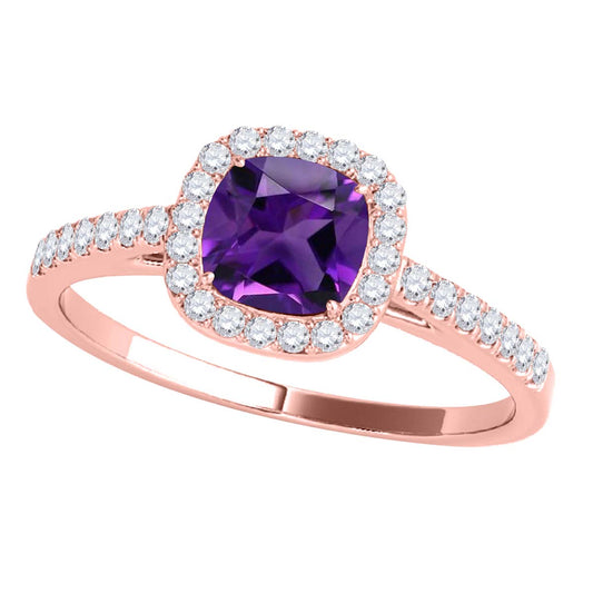 Mauli Jewels 1.15 CT Natural Amethyst & Diamond Ring in 10K Rose White & Yellow Gold | Cushion Cut Center Stone | Prong Set Bridal Ring for Women