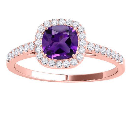 Mauli Jewels 1.15 CT Natural Amethyst & Diamond Ring in 10K Rose White & Yellow Gold | Cushion Cut Center Stone | Prong Set Bridal Ring for Women