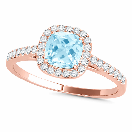 Mauli Jewels 1.15 CT Natural Aquamarine & Diamond Ring in 10K Rose White & Yellow Gold | Cushion Cut Center Stone | Prong Set Bridal Ring for Women