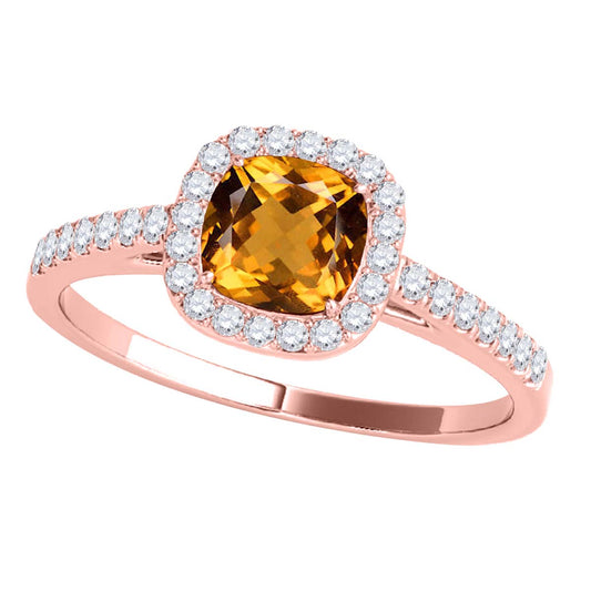 Mauli Jewels 1.15 CT Natural Citrine & Diamond Ring in 10K Rose White & Yellow Gold | Cushion Cut Center Stone | Prong Set Bridal Ring for Women